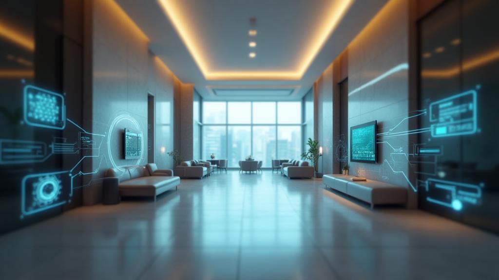Modern hotel lobby with integrated technology interface overlay
